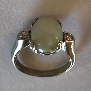 925 silver oval green light jadeite & CZ Ring Sz 8